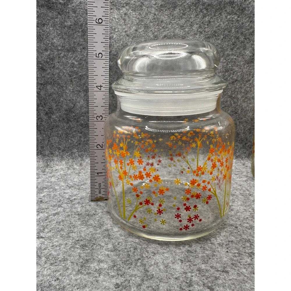 Vintage Glass Canister Set 3 Autumn Floral Tree Orange Yellow Red USA Made